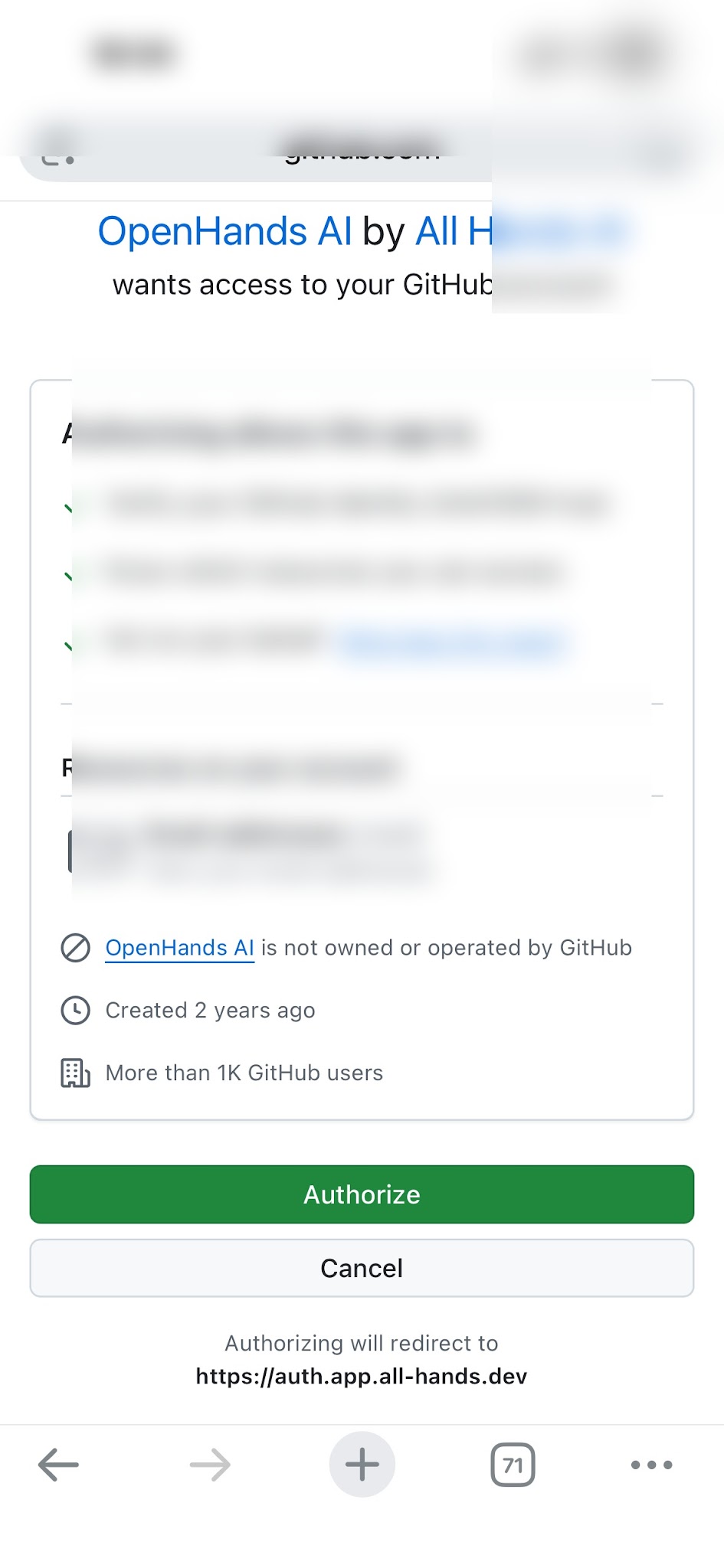 OpenHandsをGitHubへ接続する認証画面